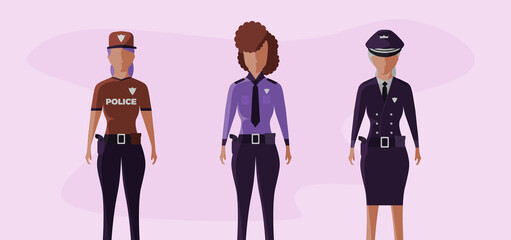 colorful group of three women of various ethnicities and ages with different police attire, concept of gender equality and safety.