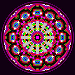 Ornamental Berta's mandala in a bright with 3d effects motley colors and in the ethnical style