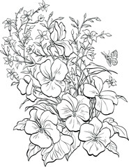 Vector floral composition of outline viola flowers