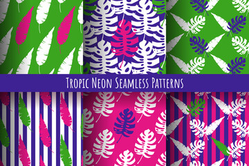 Vector set of neon geometric seamless patterns made of tropical leaves of monstera and banana palm. Endless exotic textures. Colorful wallpapers.