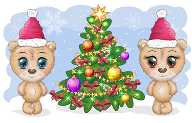 Couple Cute cartoon bear with big eyes in a Christmas hat near a decorated Christmas tree, a boy and a girl, greeting card, New Year and Christmas.