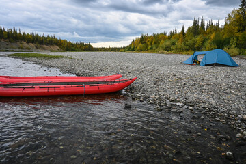 Inflatable kayak on the water.