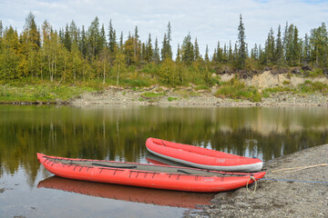 Inflatable kayak on the water.