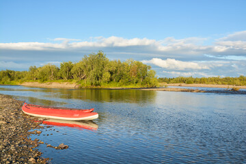 Inflatable kayak on the water.