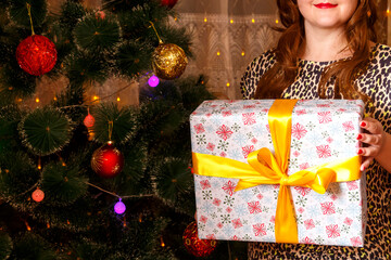 A woman in a Santa hat near a Christmas tree is holding a large box with a gift.