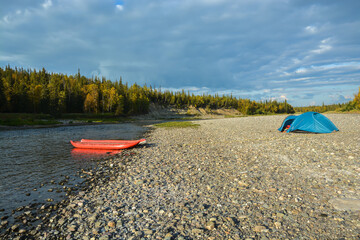 Inflatable kayak on the water.