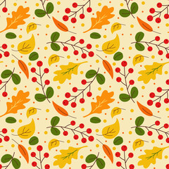 Autumn Seamless Pattern of Twigs with Red Berries