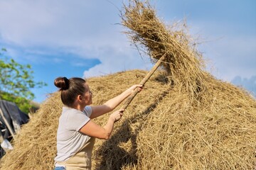 Naklejka na ściany i meble Woman farmer working with dry grass, straw