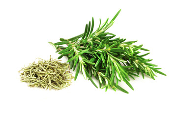 Fresh rosemary bunch and dry rosemary leaves