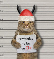 A cat was arrested. He has a sign around its neck that says Pretended to be an Ox. Police lineup...