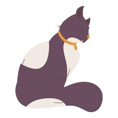 Dark fur cat with white spots. Vector pet character with collar isolated on white