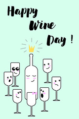 bottle and glasses of wine on a blue background. Happy wine day lettering. Glasses look at the bottle and are surprised at its triumph