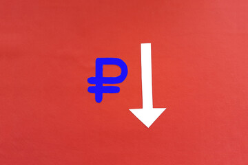 The Russian ruble sign is blue, the down arrow is white on a red background. The depreciation of the currency. Financial funds.