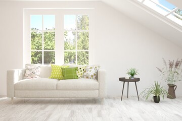 White living room with sofa and summer landscape in window. Scandinavian interior design. 3D illustration