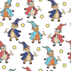 Seamless pattern with cartoon magic bulls, the symbol of 2021