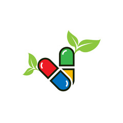 Capsules and herbal leaf vector design. medicine pharmacy logo. medical health symbol. herbal health care logo