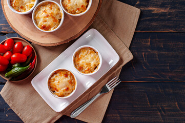 .Shepherd's pie. Typical Brazilian food. Made from potatoes and meat. Top view. Copy space