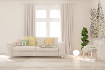 White living room with sofa. Scandinavian interior design. 3D illustration