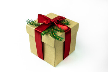 Craft gift box with fir. Christmas gift. Isolated on a white background