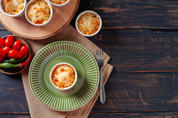 .Shepherd's pie. Typical Brazilian food. Made from potatoes and meat. Top view. Copy space