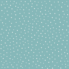 Seamless pattern with snowflakes dots and snow on a blue background. Festive winter white vector elements with shadows and volume. For paper, textiles and fabrics. Hand drawing style and cartoons.