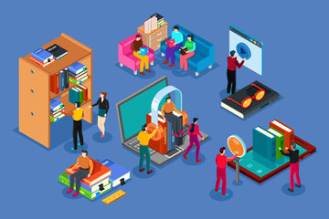 The concept of learning, read books in the classroom, isometric flat design vector. Isometric creative concept.