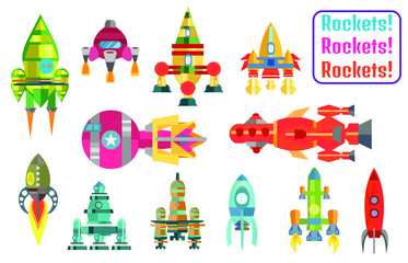 a set of cool retro rockets in colorful sci-fi space 