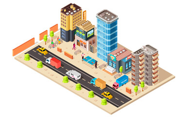 Vector isometric city creative illustration with skyscrapers, offices and stores