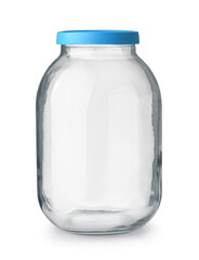 Front view of big empty glass jar with blue lid