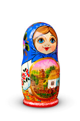Russian matreshka or matryoshka, painted wooden  nesting doll isolated on white background
