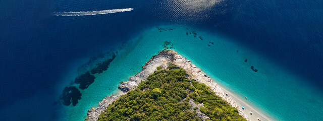 Aerial drone ultra wide panoramic photo of tropical paradise deep turquoise lagoon with beautiful...