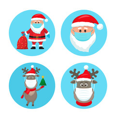 set of Christmas pandemic stickers. Santa Claus, deer, in medical protective masks.