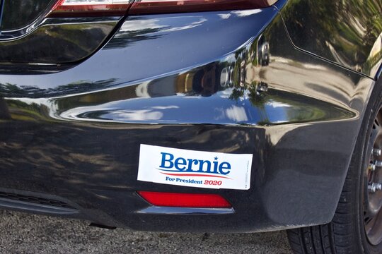 9/19/2019 Boca Raton FL-Blue and red type on white bumper sticker,Bernie for President 2020 also - Paid for by Bernie 2020 (not the Billionaires)