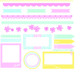 Vector pastel graphic elements sticky notes borders frames cute stylish floral ribbon
