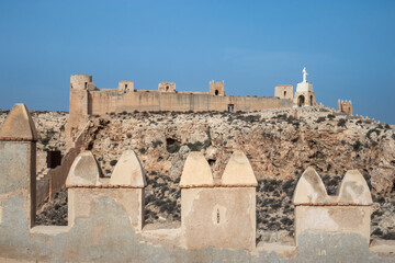 Old Arab fortification surrounded by a defensive city wall, Alcazaba citadel with towers built on the hill Cerro de San Cristóbal, Almería, Andalusia, South of Spain