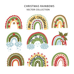 Christmas rainbow vector set. Trendy nursery icon collection. Winter holiday festive traditional illustrations for kids print and season greetings.