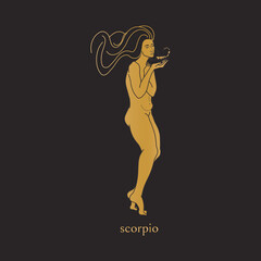 Scorpio horoscope symbol. Astrological element in flat style isolated on black background. Girl holding scorpio zodiac sign. Vintage vector illustration with golden gradient.