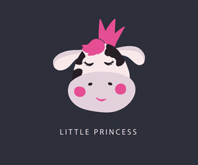 Cute vector cow face. Animal head with crown card. 2021 New Year sign. Funny kid girl cartoon art.