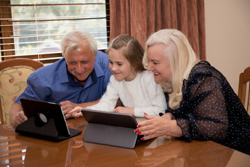 A little girl makes purchases on the Internet with her grandfather and grandmother.