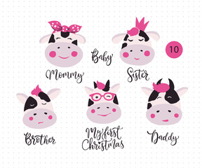 Cute vector cow face set. Animal head card, cow with bandana, crown and glasses. 2021 New Year sign. Funny kid cartoon art.