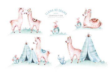 Cute watercolor llama, alpaca illustration isolated on white. Llama print ethnic blanket, flowers wreath, floral bouquet and boho mexican decoration © kris_art