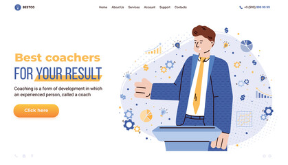 Business training and coaching services website template with cartoon character of business trainer, cartoon vector illustration. Web page mockup for business education.