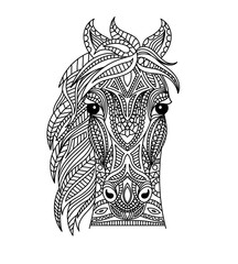 Horse head coloring book illustration. Antistress coloring for adults. black and white lines. Print for t-shirts and coloring books.