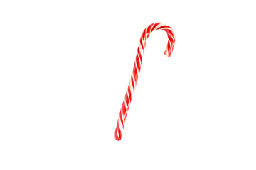 Christmas candy-Santa's striped cane on a white background, isolate. Close up. Christmas, new year. Decoration, sweetness, candy, treats for children