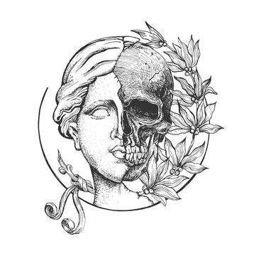 Venus head and skull with flowers