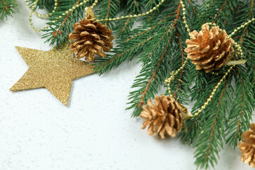 Fototapeta na wymiar Christmas concept on a white background. Green spruce branches are decorated with a golden garland, cones, stars.