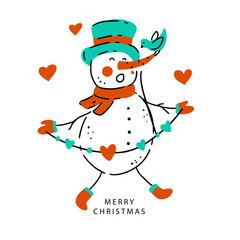 Happy snowman icon with heart and garland. Christmas winter holiday vector illustration. Merry Christmas hand drawn card in doodle style. Traditional New Year symbol.