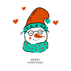 Snowman face icon with heart. Christmas winter holiday vector illustration. Merry Christmas hand drawn card in doodle style. Traditional New Year symbol.