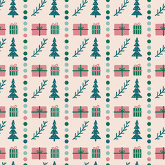 Patern, seamless pattern, Christmas with trees, gifts, New Year's elements in delicate colors. Vector design for print, gift paper, websites banners, marketing materials, mobile apps.