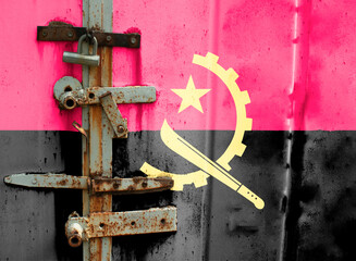 Angola flag is on texture. Template. Coronavirus pandemic. Countries may be closed. Locks.